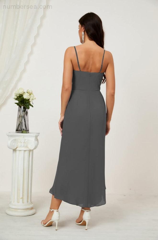 Numbersea Spaghetti Chiffon V Neck Bridesmaid Dress Mid-Length Slit Formal Prom Dress Homecoming Dress 2803