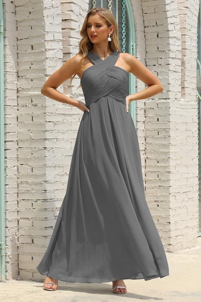 Numbersea Women Halter Chiffon Bridesmaid Dress A-line Long Formal Prom Gown SEA28015