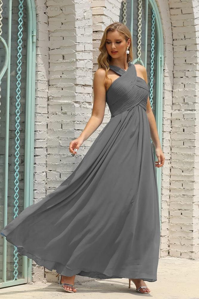 Numbersea Women Halter Chiffon Bridesmaid Dress A-line Long Formal Prom Gown SEA28015