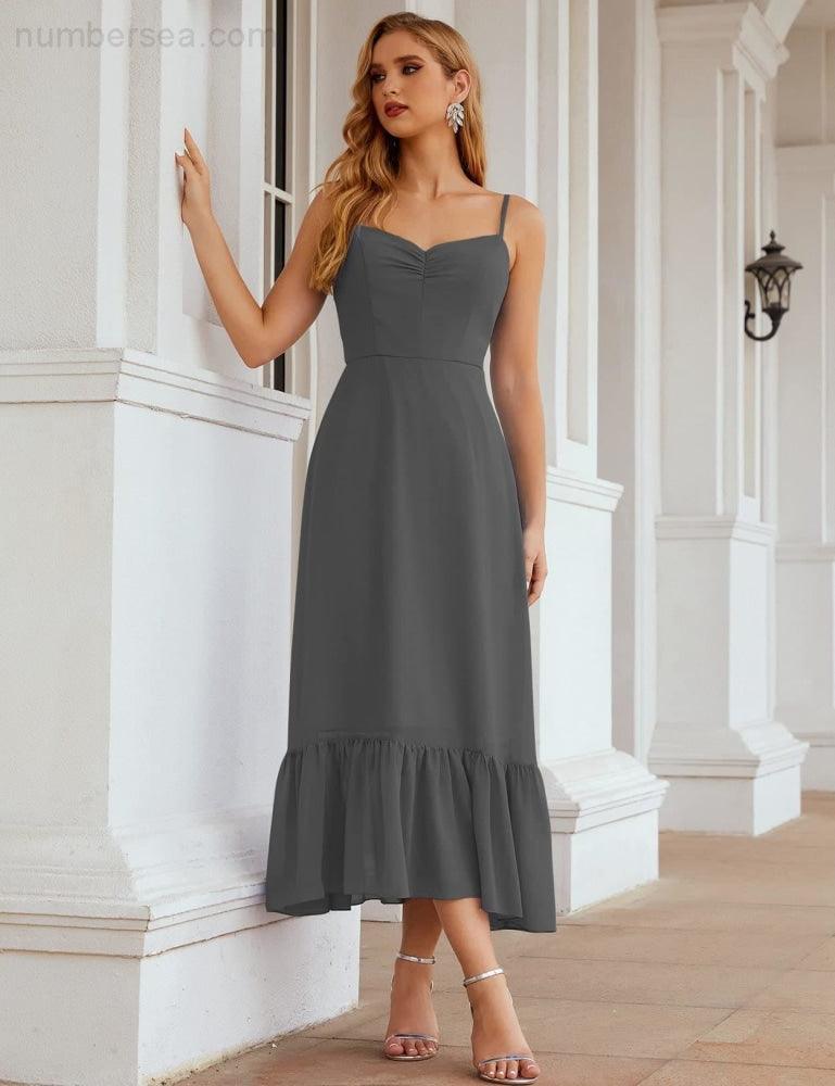 Numbersea  Spaghetti Strap Chiffon Bridesmaid Dress Ankle Length Formal A Line Cocktail Party Homecoming Dress for Juniors  SEA28028