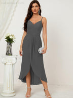Numbersea Spaghetti Chiffon V Neck Bridesmaid Dress Mid-Length Slit Formal Prom Dress Homecoming Dress 2803