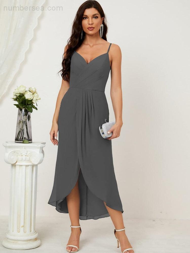 Numbersea Spaghetti Chiffon V Neck Bridesmaid Dress Mid-Length Slit Formal Prom Dress Homecoming Dress 2803