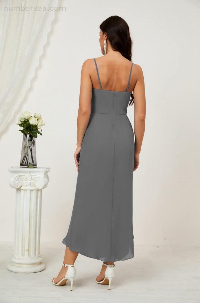 Numbersea Spaghetti Chiffon V Neck Bridesmaid Dress Mid-Length Slit Formal Prom Dress Homecoming Dress 2803