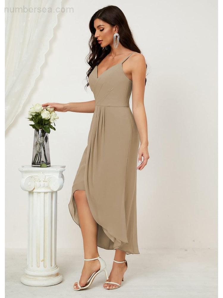 Numbersea Spaghetti Chiffon V Neck Bridesmaid Dress Mid-Length Slit Formal Prom Dress Homecoming Dress 2803