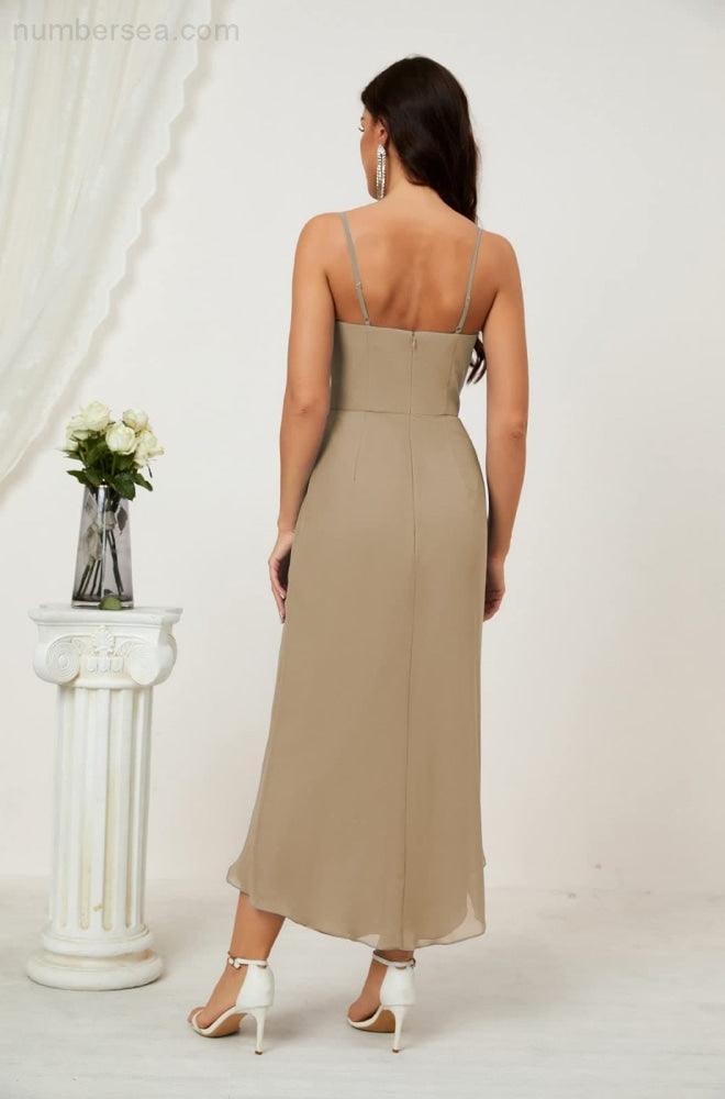 Numbersea Spaghetti Chiffon V Neck Bridesmaid Dress Mid-Length Slit Formal Prom Dress Homecoming Dress 2803