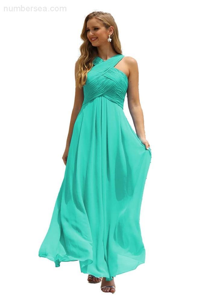 Numbersea Women Halter Chiffon Bridesmaid Dress A-line Long Formal Prom Gown SEA28015