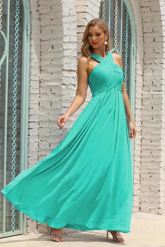 Numbersea Women Halter Chiffon Bridesmaid Dress A-line Long Formal Prom Gown SEA28015