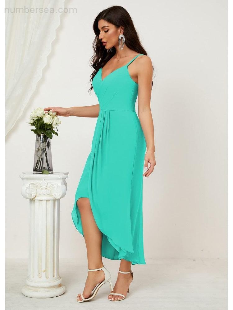 Numbersea Spaghetti Chiffon V Neck Bridesmaid Dress Mid-Length Slit Formal Prom Dress Homecoming Dress 2803