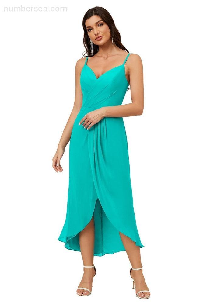 Numbersea Spaghetti Chiffon V Neck Bridesmaid Dress Mid-Length Slit Formal Prom Dress Homecoming Dress 2803