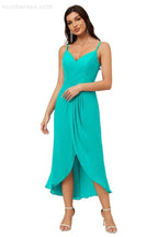 Numbersea Spaghetti Chiffon V Neck Bridesmaid Dress Mid-Length Slit Formal Prom Dress Homecoming Dress 2803