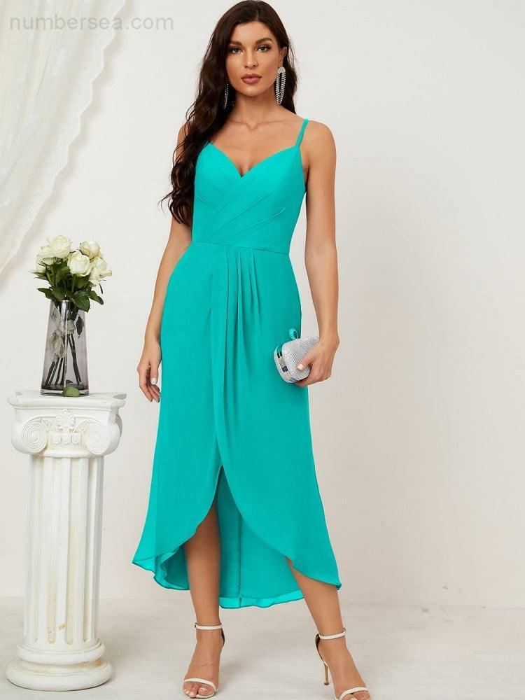 Numbersea Spaghetti Chiffon V Neck Bridesmaid Dress Mid-Length Slit Formal Prom Dress Homecoming Dress 2803