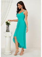 Numbersea Spaghetti Chiffon V Neck Bridesmaid Dress Mid-Length Slit Formal Prom Dress Homecoming Dress 2803