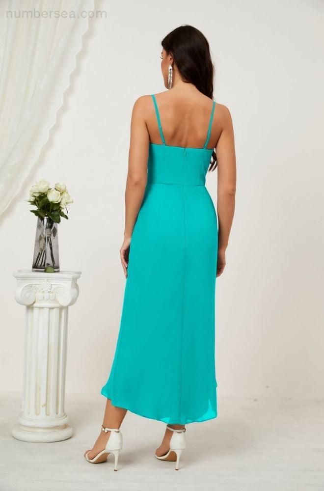 Numbersea Spaghetti Chiffon V Neck Bridesmaid Dress Mid-Length Slit Formal Prom Dress Homecoming Dress 2803