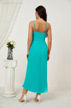 Numbersea Spaghetti Chiffon V Neck Bridesmaid Dress Mid-Length Slit Formal Prom Dress Homecoming Dress 2803