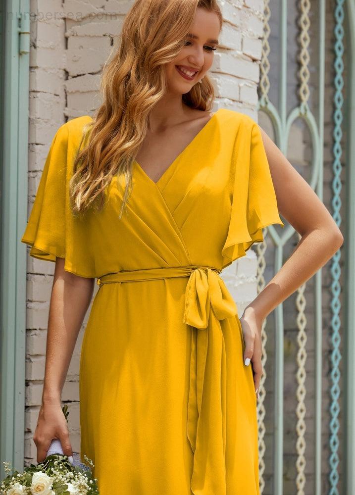Numbersea V-Neck Bridesmaid Dress Long Formal Dresses with Belt for 28022