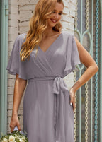 Numbersea V-Neck Bridesmaid Dress Long Formal Dresses with Belt for 28022