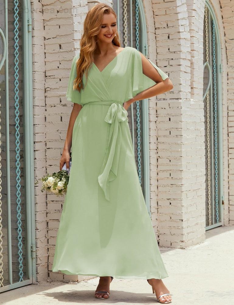 Numbersea V-Neck Bridesmaid Dress Long Formal Dresses with Belt for 28022