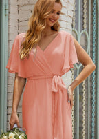 Numbersea V-Neck Bridesmaid Dress Long Formal Dresses with Belt for 28022