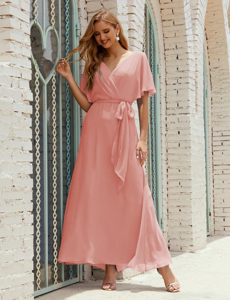 Numbersea V-Neck Bridesmaid Dress Long Formal Dresses with Belt for 28022
