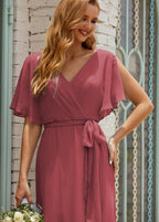 Numbersea V-Neck Bridesmaid Dress Long Formal Dresses with Belt for 28022