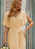 Numbersea V-Neck Bridesmaid Dress Long Formal Dresses with Belt for 28022