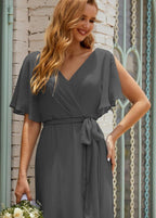 Numbersea V-Neck Bridesmaid Dress Long Formal Dresses with Belt for 28022