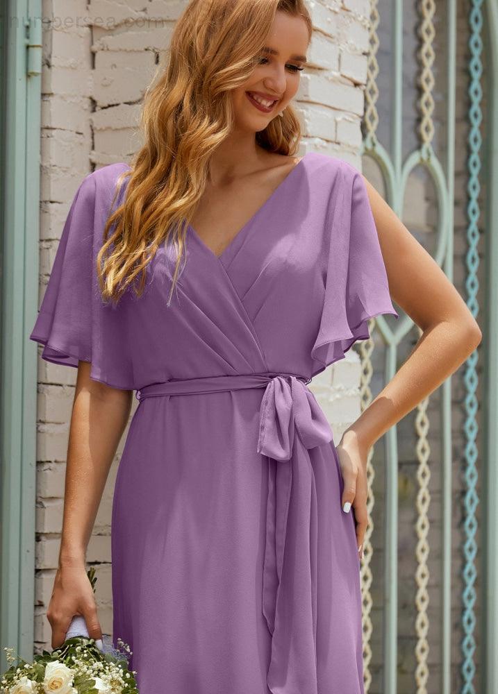 Numbersea V-Neck Bridesmaid Dress Long Formal Dresses with Belt for 28022