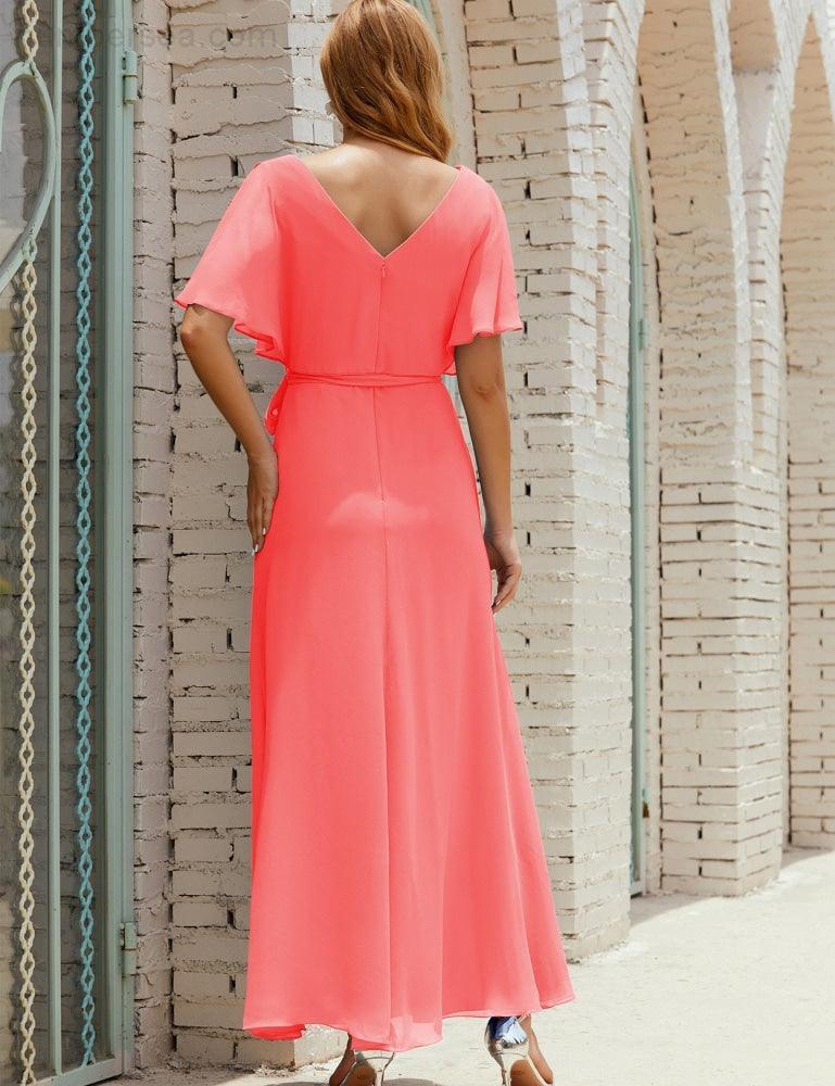 Numbersea V-Neck Bridesmaid Dress Long Formal Dresses with Belt for 28022