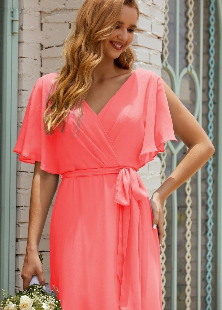 Numbersea V-Neck Bridesmaid Dress Long Formal Dresses with Belt for 28022