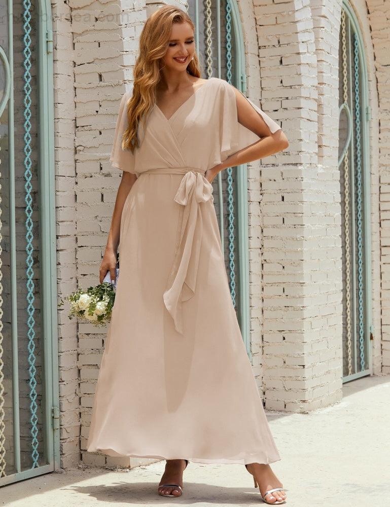 Numbersea V-Neck Bridesmaid Dress Long Formal Dresses with Belt for 28022