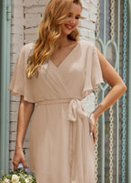 Numbersea V-Neck Bridesmaid Dress Long Formal Dresses with Belt for 28022