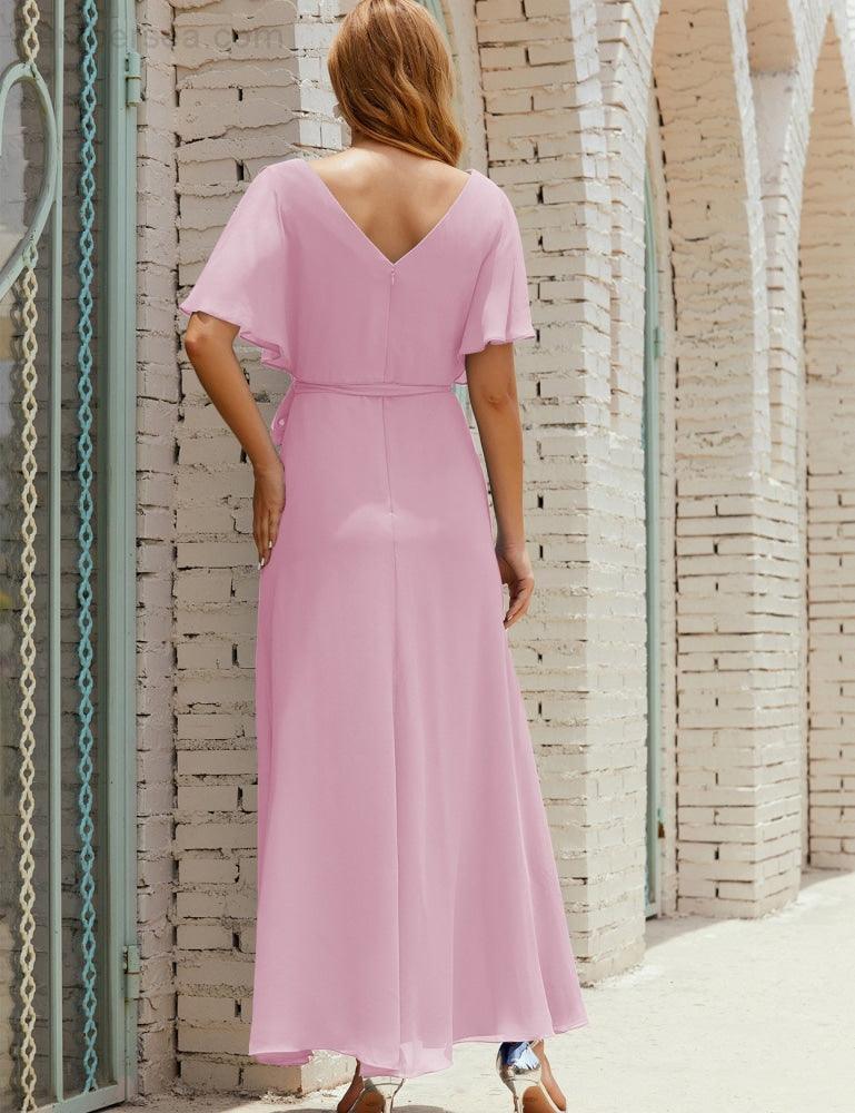 Numbersea V-Neck Bridesmaid Dress Long Formal Dresses with Belt for 28022