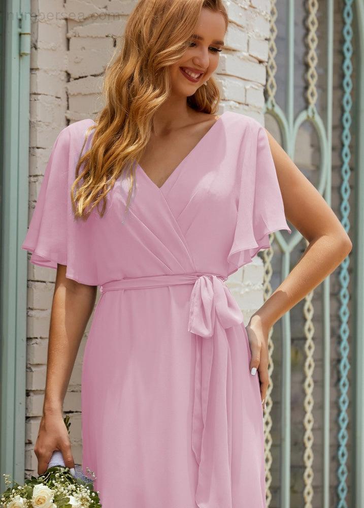 Numbersea V-Neck Bridesmaid Dress Long Formal Dresses with Belt for 28022