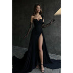 Numbersea A Line Lace Appliques High Split Black Long Prom Formal Dress
