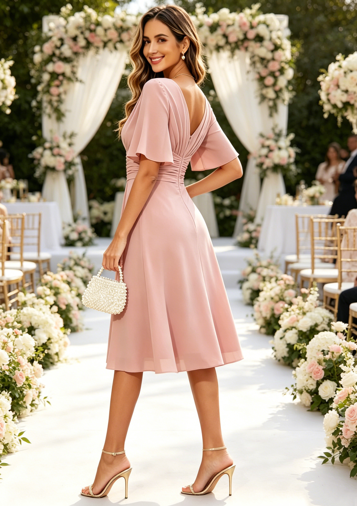 Tea Length Mother of the Bride Dresses with Sleeves V Neck Ruched Midi Formal Gown