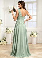 One Shoulder Bridesmaid Dresses with Slit Ruched Chiffon Ruched Formal Dress