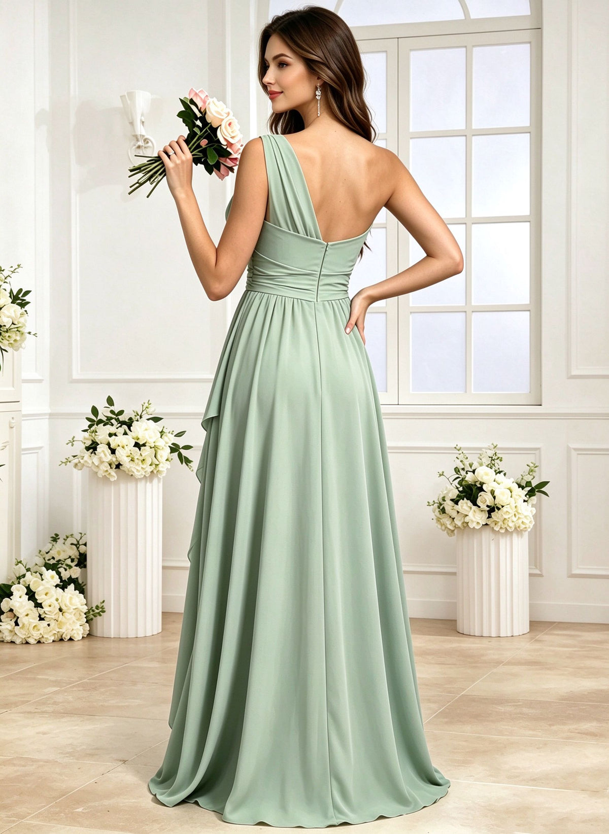 One Shoulder Bridesmaid Dresses with Slit Ruched Chiffon Ruched Formal Dress