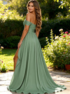 Off The Shoulder Bridesmaid Dresses with Slit Ruched Chiffon Formal Dress