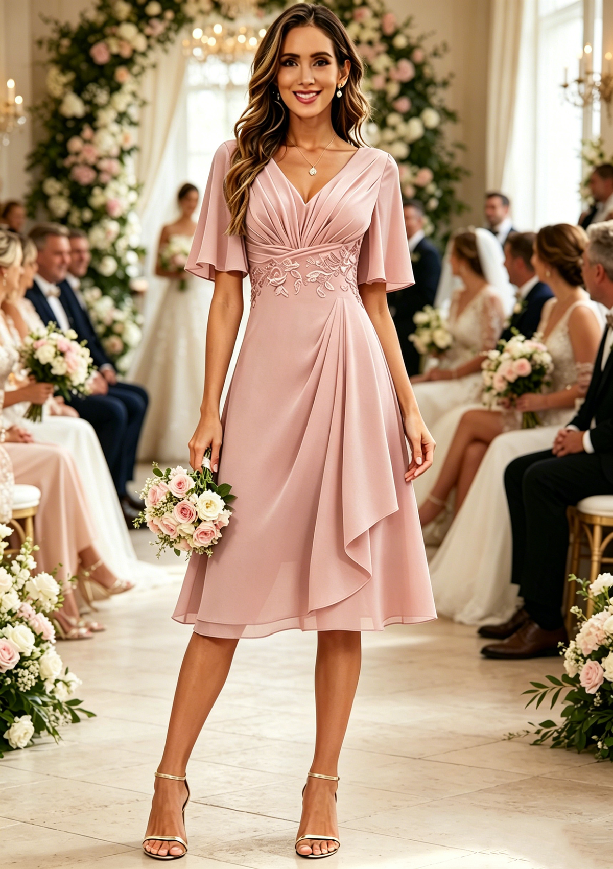 Tea Length Mother of the Bride Dresses with Sleeves V Neck Ruched Midi Formal Gown