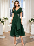 Short Sleeves Mother of The Bride Dresses Tea Length V Neck Ruffled Wedding Guest Dress