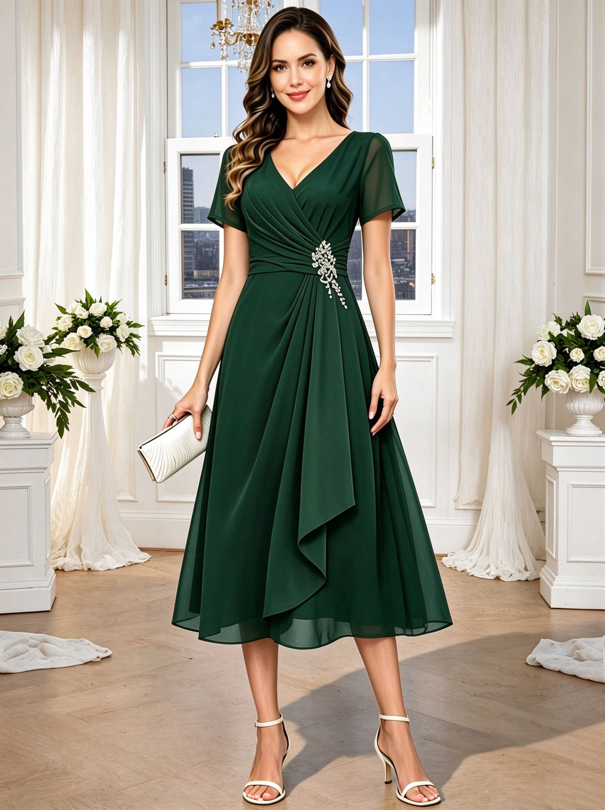 Short Sleeves Mother of The Bride Dresses Tea Length V Neck Ruffled Wedding Guest Dress