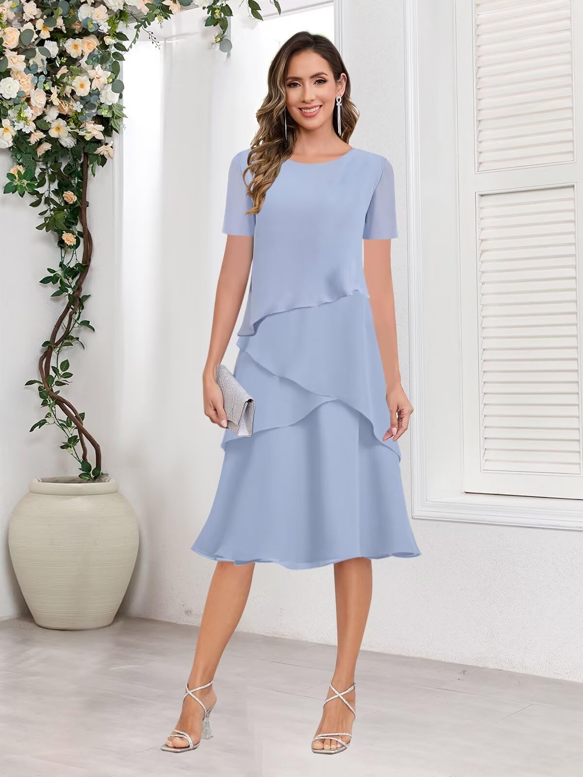 Tiered Chiffon Tea Length Mother of The Bride Dress