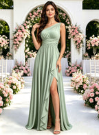 One Shoulder Bridesmaid Dresses with Slit Ruched Chiffon Ruched Formal Dress