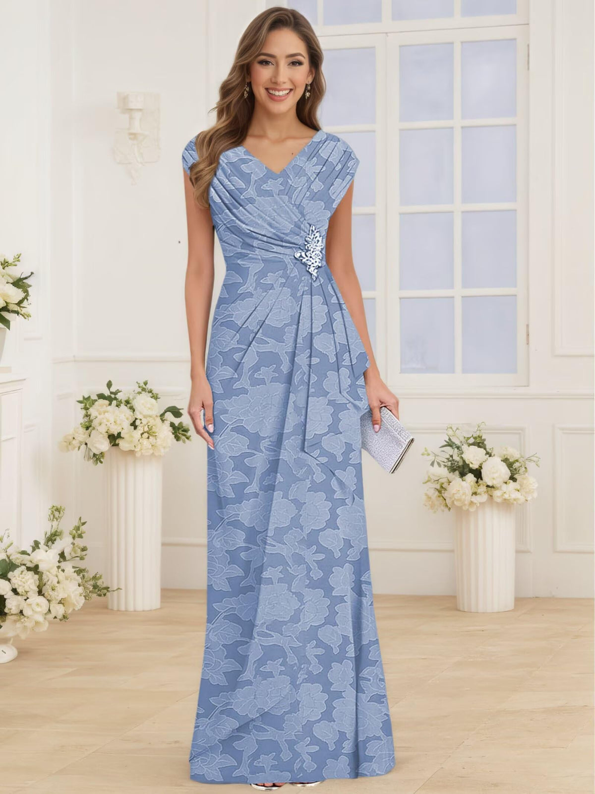 Floral Lace Mother Of the Bride Dresses Cap Sleeves Mermaid Ruched Wedding Guest Dress