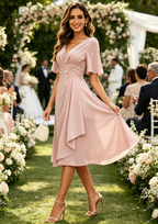 Tea Length Mother of the Bride Dresses with Sleeves V Neck Ruched Midi Formal Gown