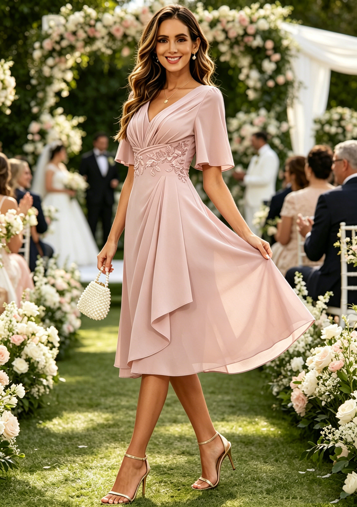 Tea Length Mother of the Bride Dresses with Sleeves V Neck Ruched Midi Formal Gown