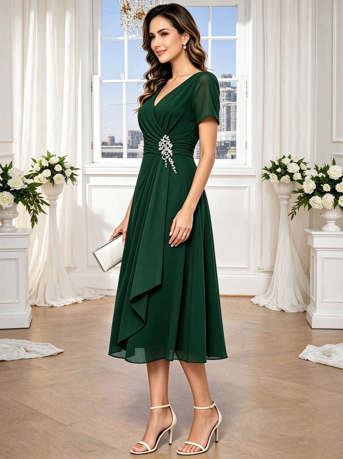Short Sleeves Mother of The Bride Dresses Tea Length V Neck Ruffled Wedding Guest Dress