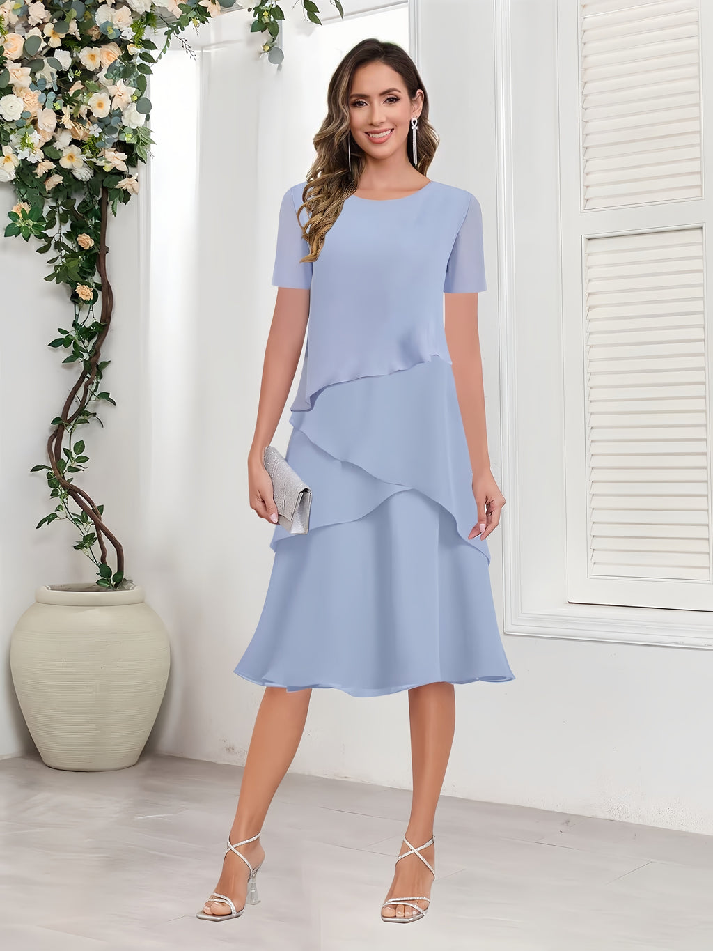 Tiered Chiffon Tea Length Mother of The Bride Dress