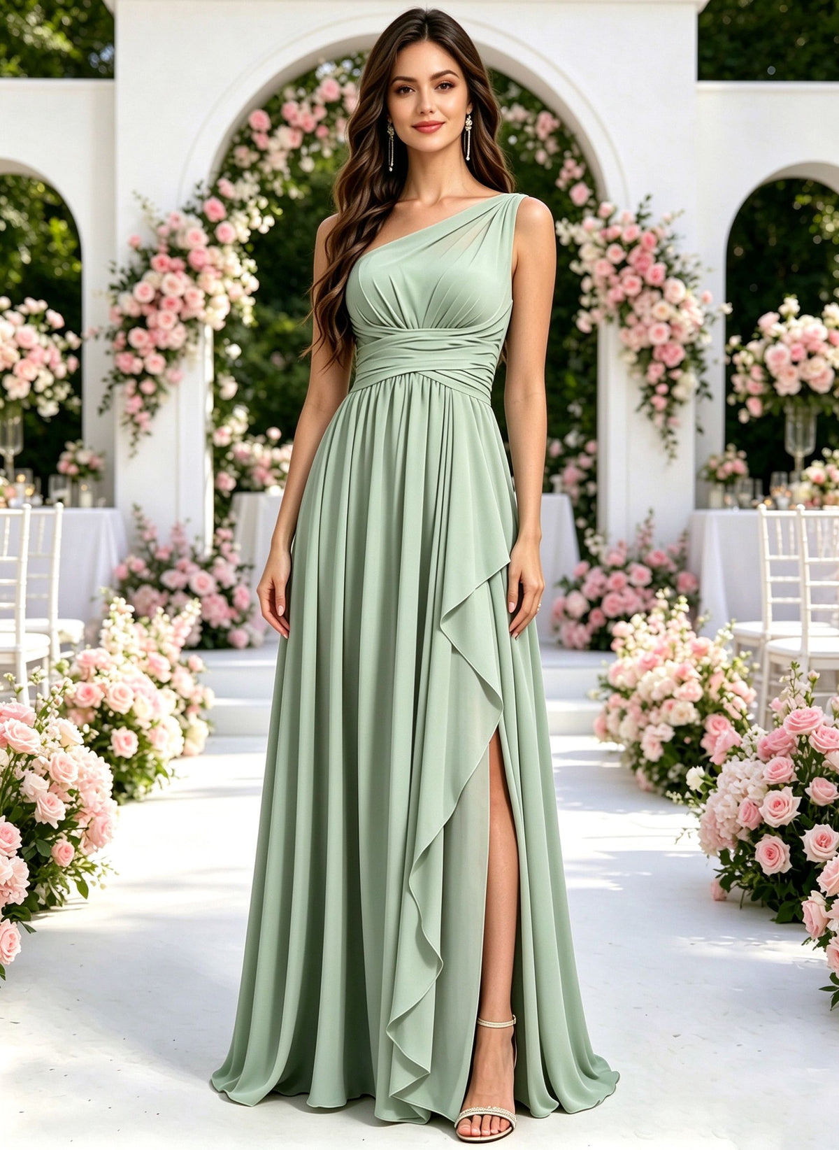One Shoulder Bridesmaid Dresses with Slit Ruched Chiffon Ruched Formal Dress