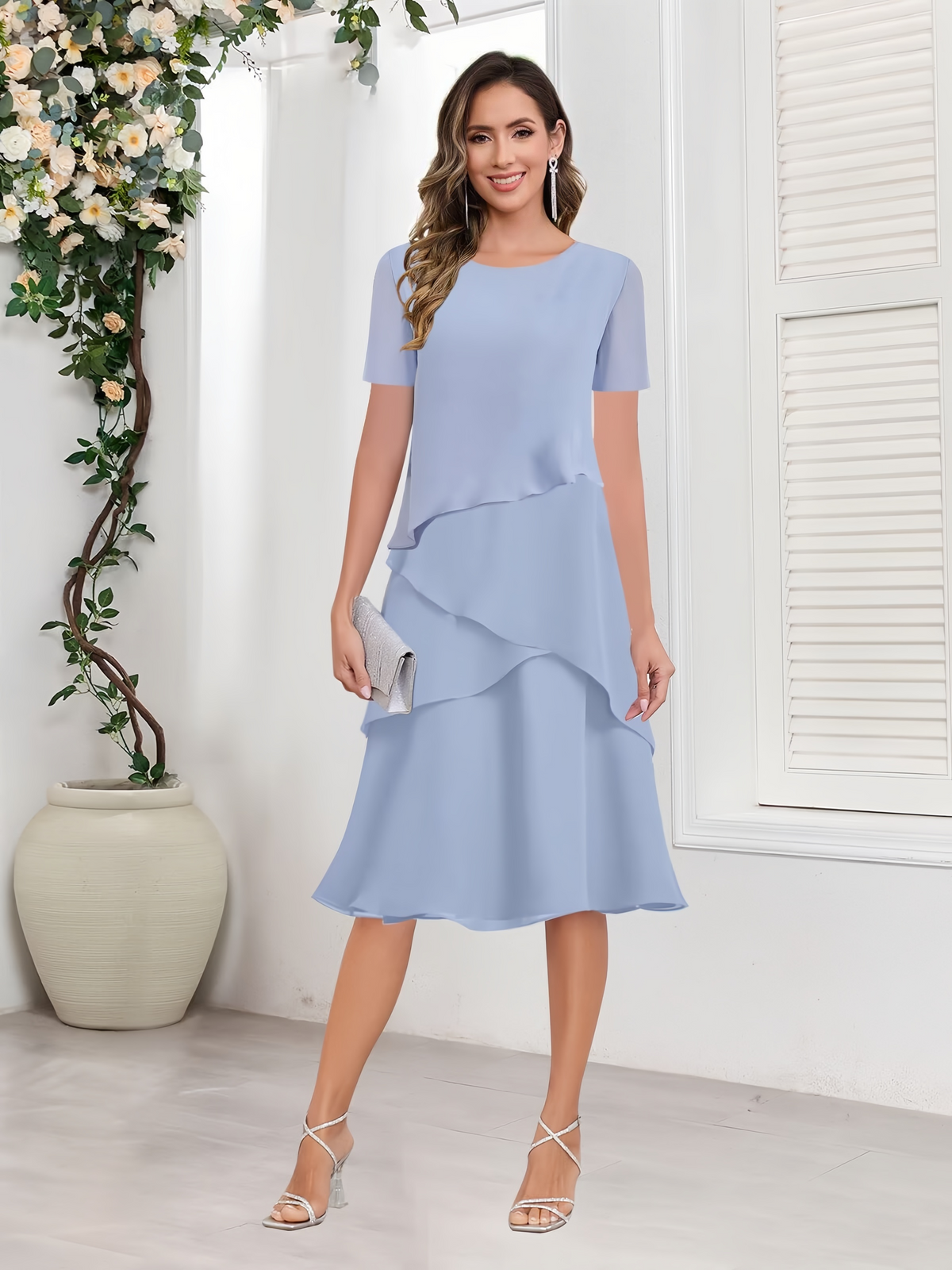 Tiered Chiffon Tea Length Mother of The Bride Dress